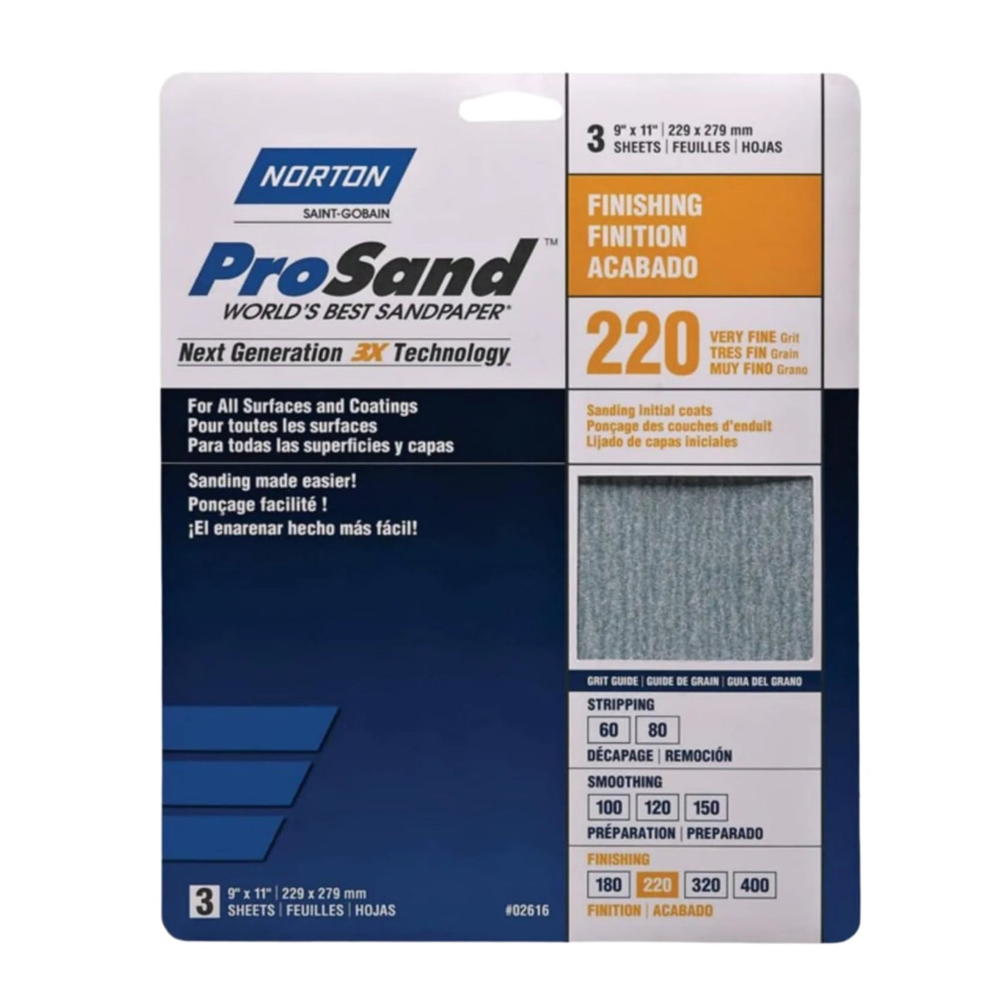 Image of the NORTON 02616 ProSand packaging highlighting 220-grit (very fine) sanding sheets, designed for refining surfaces and coatings. The 3-pack consists of three 9 in. x 11 in. sheets labeled for tasks such as stripping, edging, and finishing.