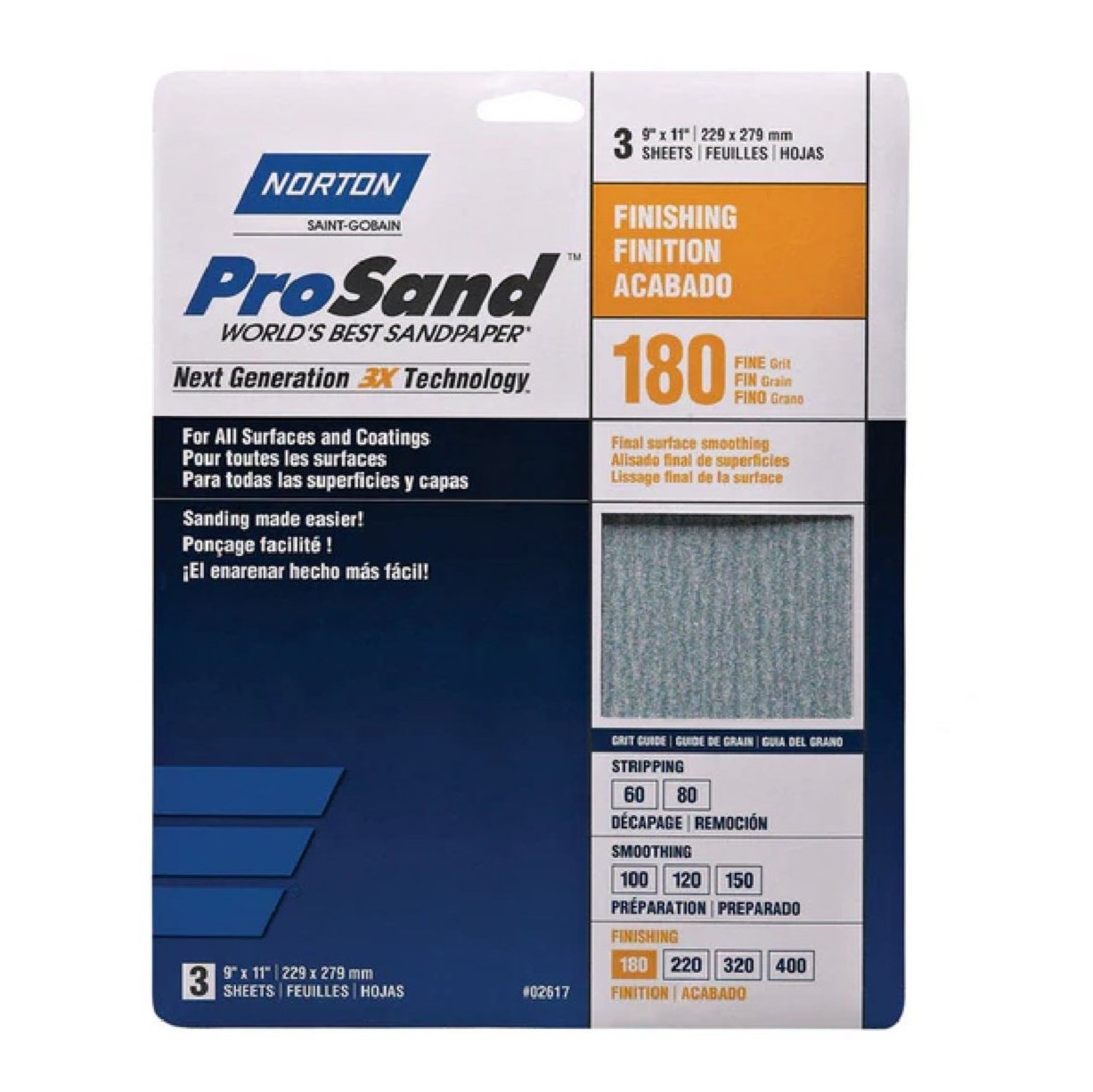 An image of the NORTON 02617 ProSand sanding sheets package displays fine 180-grit sandpaper featuring Next Generation 3X Technology for superior finishing. Each sheet measures 9x11 inches, and the packaging includes multilingual text and illustrations of product uses. The pack contains three sheets.