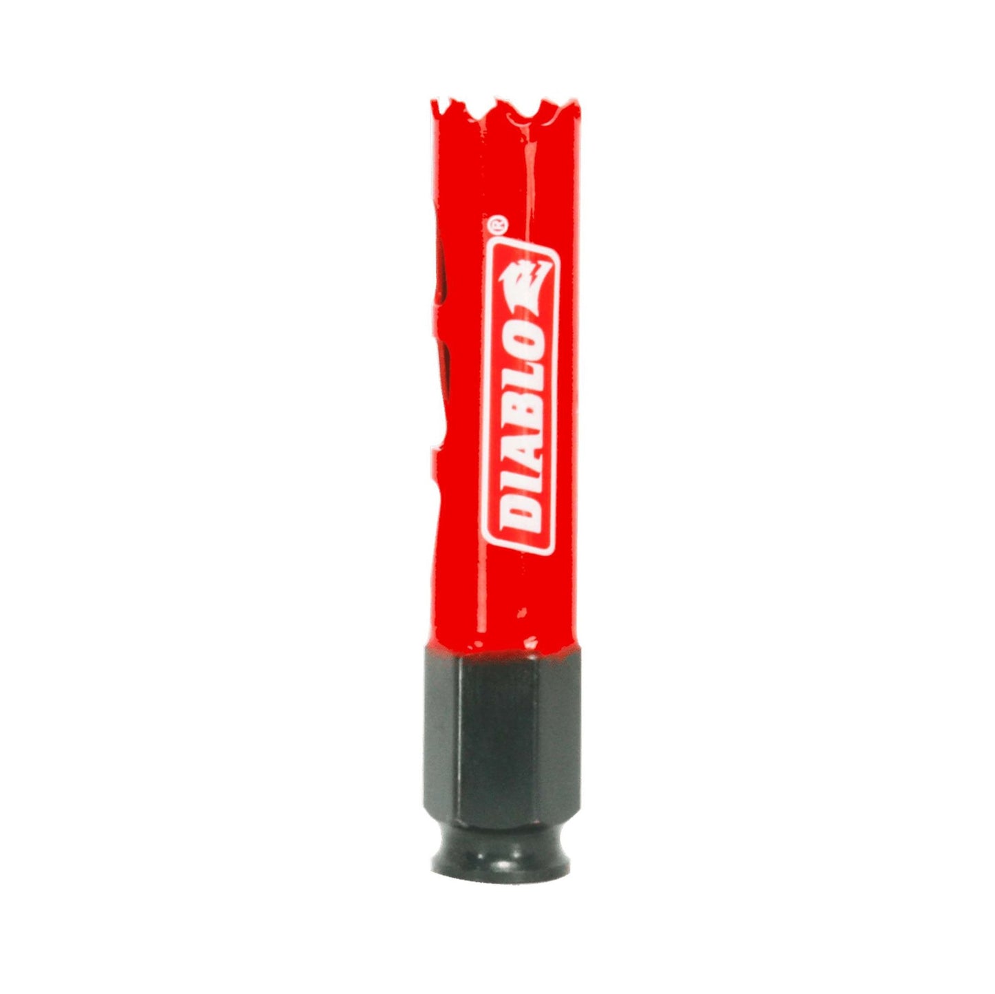 The DIABLO DHS0750 3/4 in. x 2-3/8 in. High Performance Hole Saw from Diablo features a cylindrical shape with jagged teeth for fast cutting, a black base, and allows tool-free plug ejection for easy use across various materials.