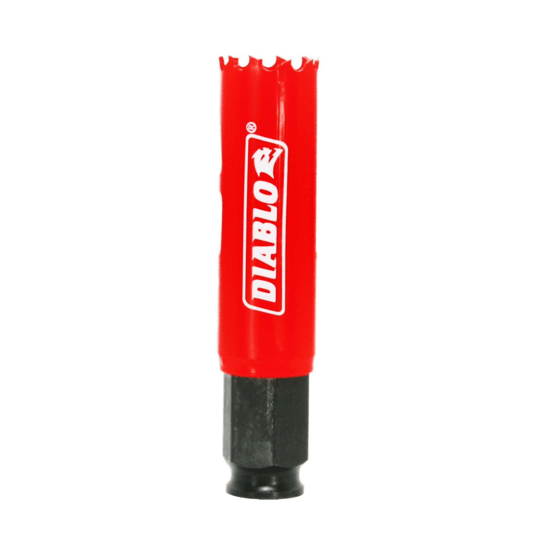 The Diablo DHS0875 7/8 in. x 2-3/8 in. High Performance Hole Saw, red with a variable tooth design and a black base, features the Snap-Lock Plus mandrel system compatibility and prominently displays the Diablo logo on its side.