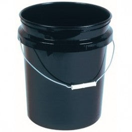 The Encore 201217 5gl Black .90 Mil Pro Bucket, a black plastic 5-gallon bucket with a metal handle and white grip, is shown against a plain background. Made from durable materials, this heavy-duty storage solution stands upright, ready for any task.