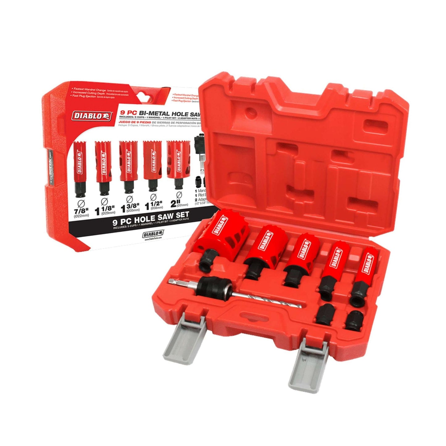 The DIABLO DHS09SGP 9-piece General Purpose Bi-Metal Hole Saw Set, in red, offers fast material removal with varied sizes. It includes saw attachments and a Snap-Lock Plus Mandrel in a handy carrying case, with packaging showcasing a size chart and the Diablo brand name.