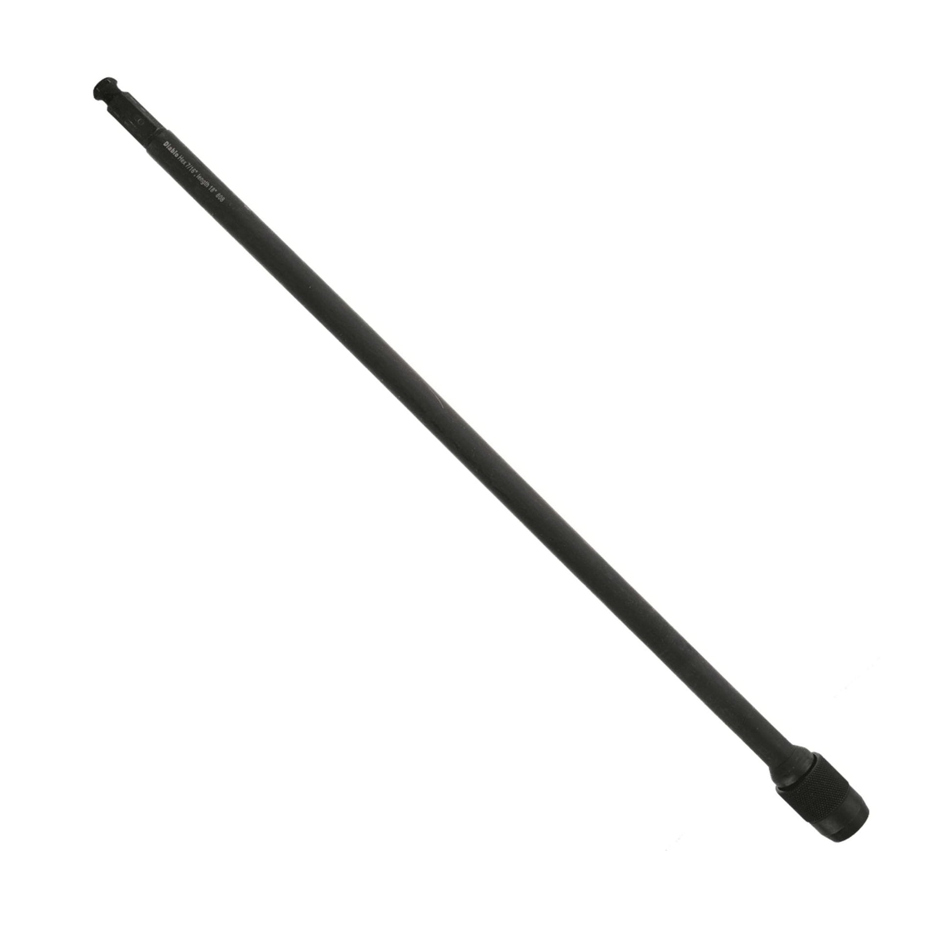 A DIABLO DHS500XT18 black metal rod, featuring an 18 in. x 7/16 in. Universal Extension for Drills, is set diagonally from top left to bottom right against a white background, highlighting its quick-change feature.