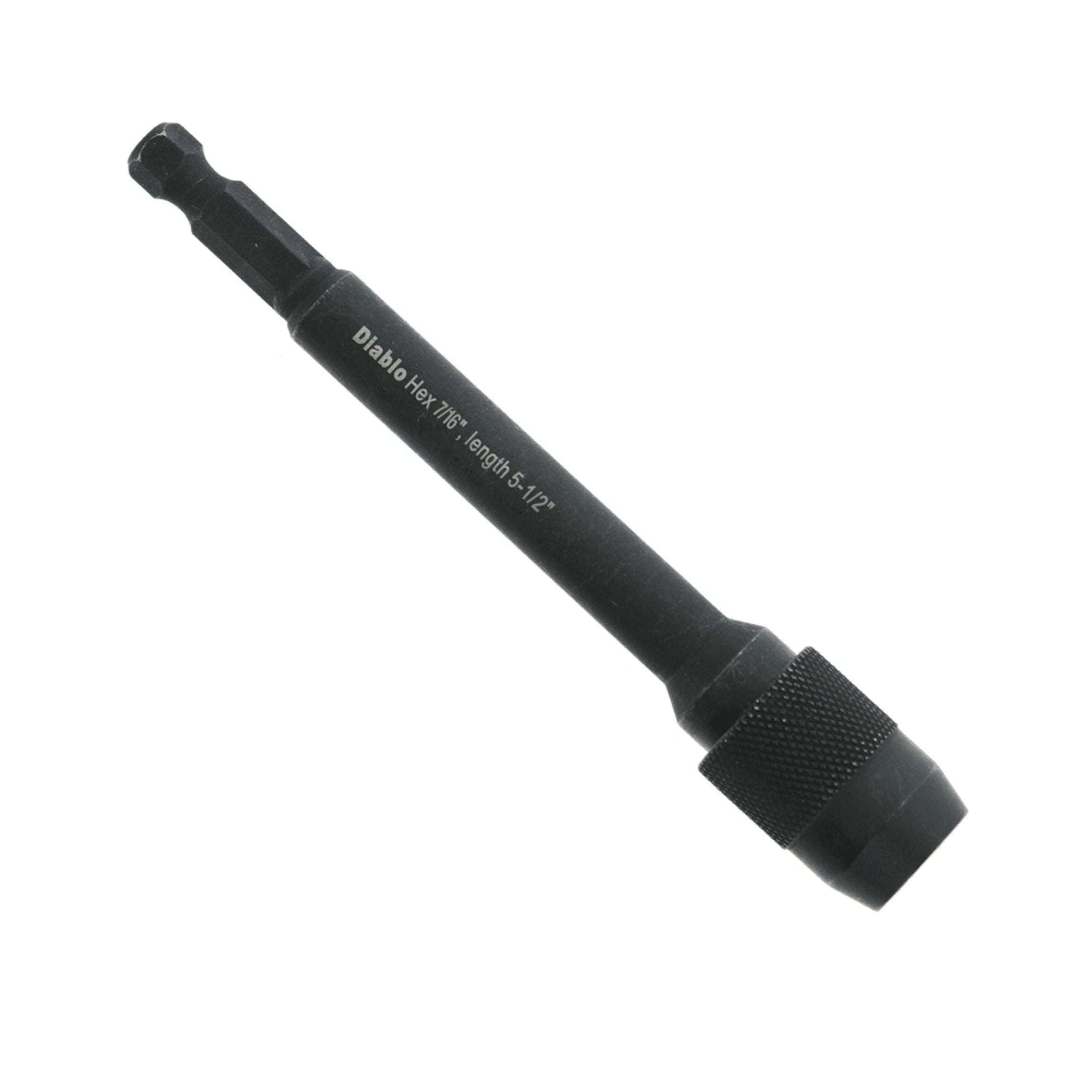 The Diablo DHS500XT6 5-1/2 in. x 7/16 in. Universal Extension for Drills, black metal tool, features a knurled grip on one end and a hexagonal socket on the other, with a quick-change function for easy fastening or loosening.