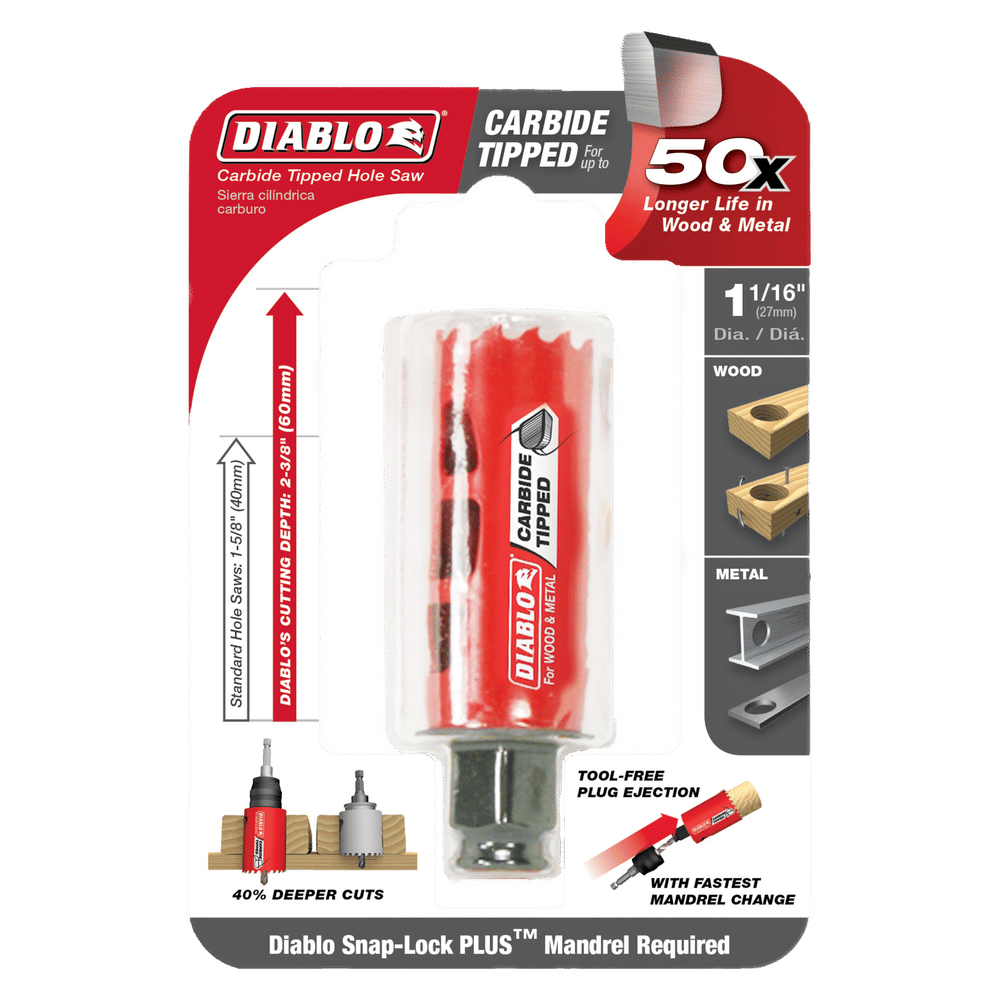 The DIABLO DHS1063CT 1-1/16 in. Carbide Teeth Hole Saw for Wood and Metal, with carbide teeth for faster cuts and 50x longer life, features tool-free plug ejection and detailed diagrams showing Snap-Lock Plus Mandrel compatibility.