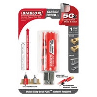 The DIABLO DHS1063CT 1-1/16 in. Carbide Teeth Hole Saw for Wood and Metal, with carbide teeth for faster cuts and 50x longer life, features tool-free plug ejection and detailed diagrams showing Snap-Lock Plus Mandrel compatibility.