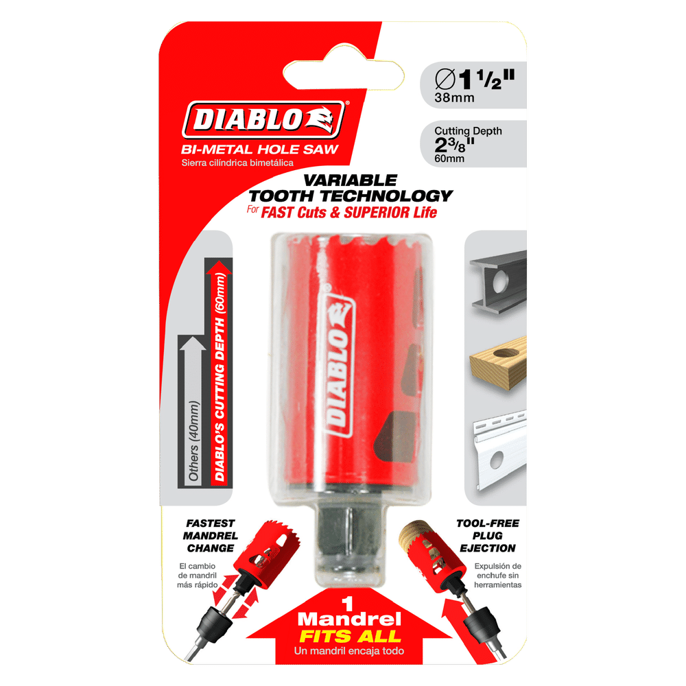 The DIABLO DHS1500 hole saw by Diablo features a vibrant red design, engineered for 1-1/2 in. (38mm) diameter cuts. With variable tooth design, it ensures faster performance and a depth of 2-3/8 in., offering tool-free plug ejection.