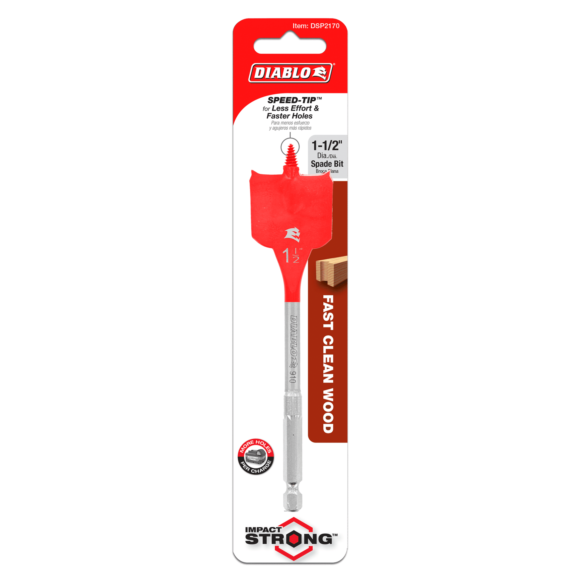 The DIABLO DSP2170 1-1/2 in. x 6 in. Spade Bit for Wood by Diablo is a red spade bit featuring SPEED-TIP™ design, Impact Strong™, and Fast Clean Wood technologies, with a curved paddle design for enhanced performance.