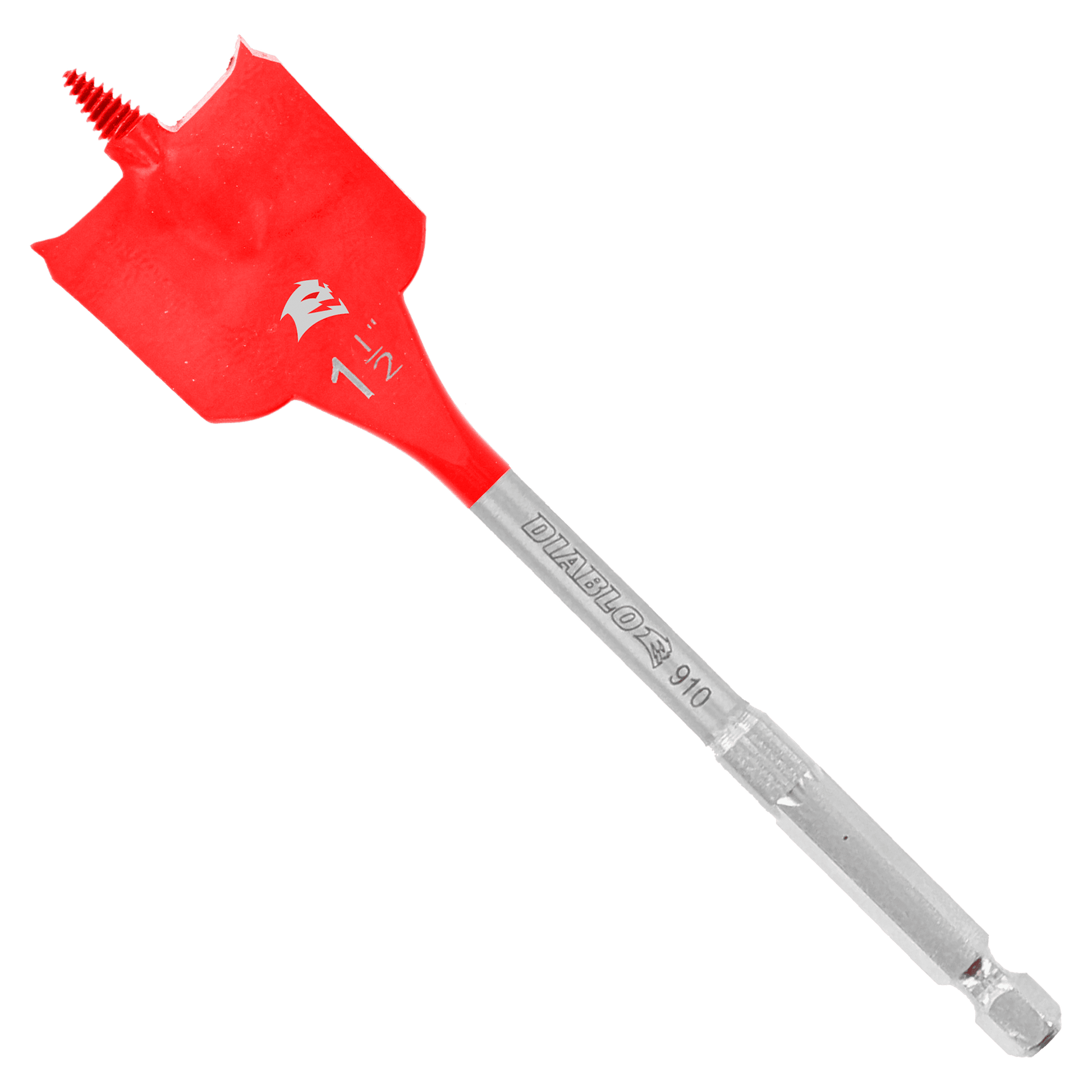 A red and silver DIABLO DSP2170-P2 1-1/2 in. x 6 in. spade drill bit, with SPEED-TIP™ design and Impact Strong™ construction, highlights its sharp threaded tip and flat paddle shape against a plain background.