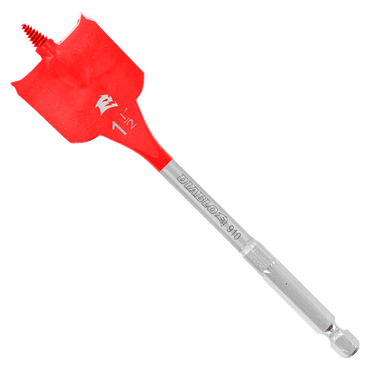 A red and silver DIABLO DSP2170-P2 1-1/2 in. x 6 in. spade drill bit, with SPEED-TIP™ design and Impact Strong™ construction, highlights its sharp threaded tip and flat paddle shape against a plain background.