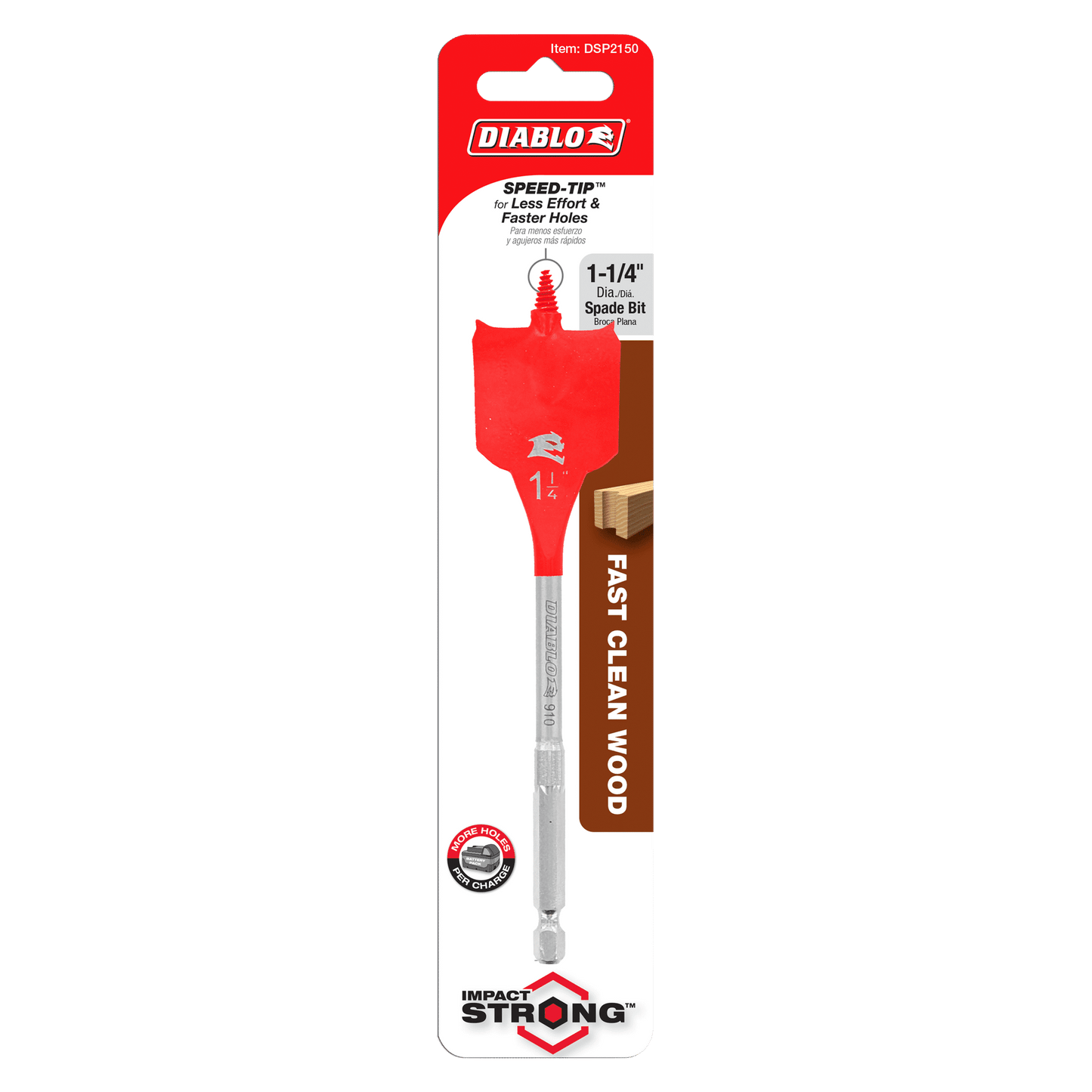 The packaging of the Diablo DSP2150 1-1/4 in. x 6 in. Spade Bit for Wood highlights its SPEED-TIP™ design for precise drilling and is part of the Impact Strong™ series, featuring a striking white and red background to emphasize efficiency.