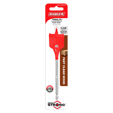 The packaging of the Diablo DSP2150 1-1/4 in. x 6 in. Spade Bit for Wood highlights its SPEED-TIP™ design for precise drilling and is part of the Impact Strong™ series, featuring a striking white and red background to emphasize efficiency.