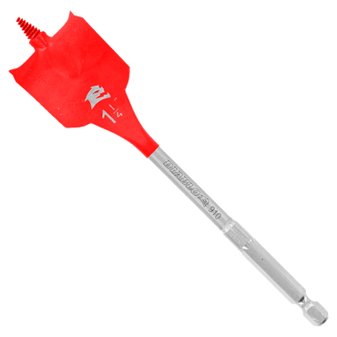 The DIABLO DSP2150-P2 1-1/4 in. x 6 in. spade bits feature a red curved paddle design and metal shaft with SPEED-TIP™ for precision, labeled DIABLO and 1 1/4, built Impact Strong™ for large holes in wood or other materials.