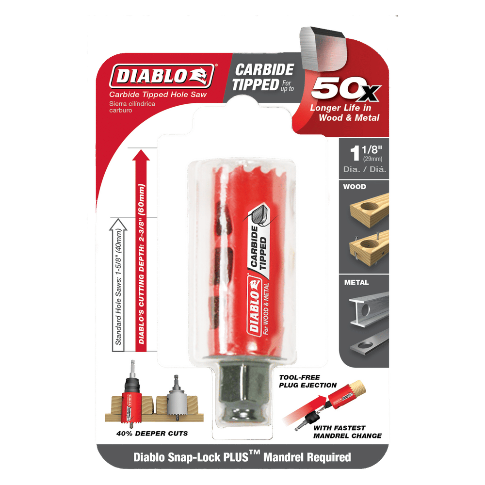 The DIABLO DHS1125CT 1-1/8 in. Carbide Teeth Hole Saw packaging, in red and white, emphasizes faster cutting with carbide teeth for wood and metal, boasts 50x longer life, includes an image of the Snap-Lock Plus™ Mandrel System, and features a size chart on the front.