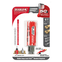 The DIABLO DHS1125CT 1-1/8 in. Carbide Teeth Hole Saw packaging, in red and white, emphasizes faster cutting with carbide teeth for wood and metal, boasts 50x longer life, includes an image of the Snap-Lock Plus™ Mandrel System, and features a size chart on the front.