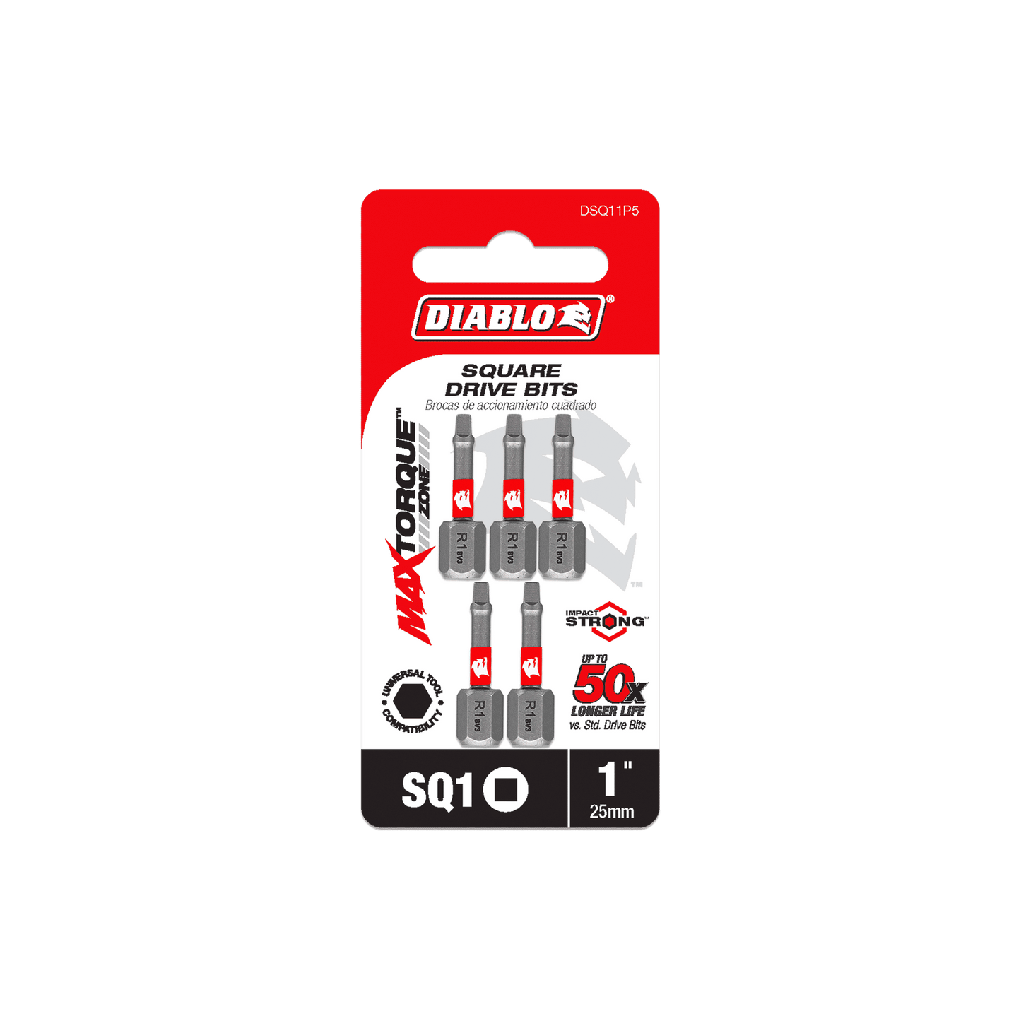 The DIABLO DSQ11P5 pack includes five 1-inch #1 square drive bits featuring MAXTORQUE and STRONGER labels, with Impact Strong™ technology and Torque Resistant Design for enhanced durability. Packaging sports red, black, and white branding.