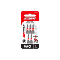 The DIABLO DSQ11P5 pack includes five 1-inch #1 square drive bits featuring MAXTORQUE and STRONGER labels, with Impact Strong™ technology and Torque Resistant Design for enhanced durability. Packaging sports red, black, and white branding.