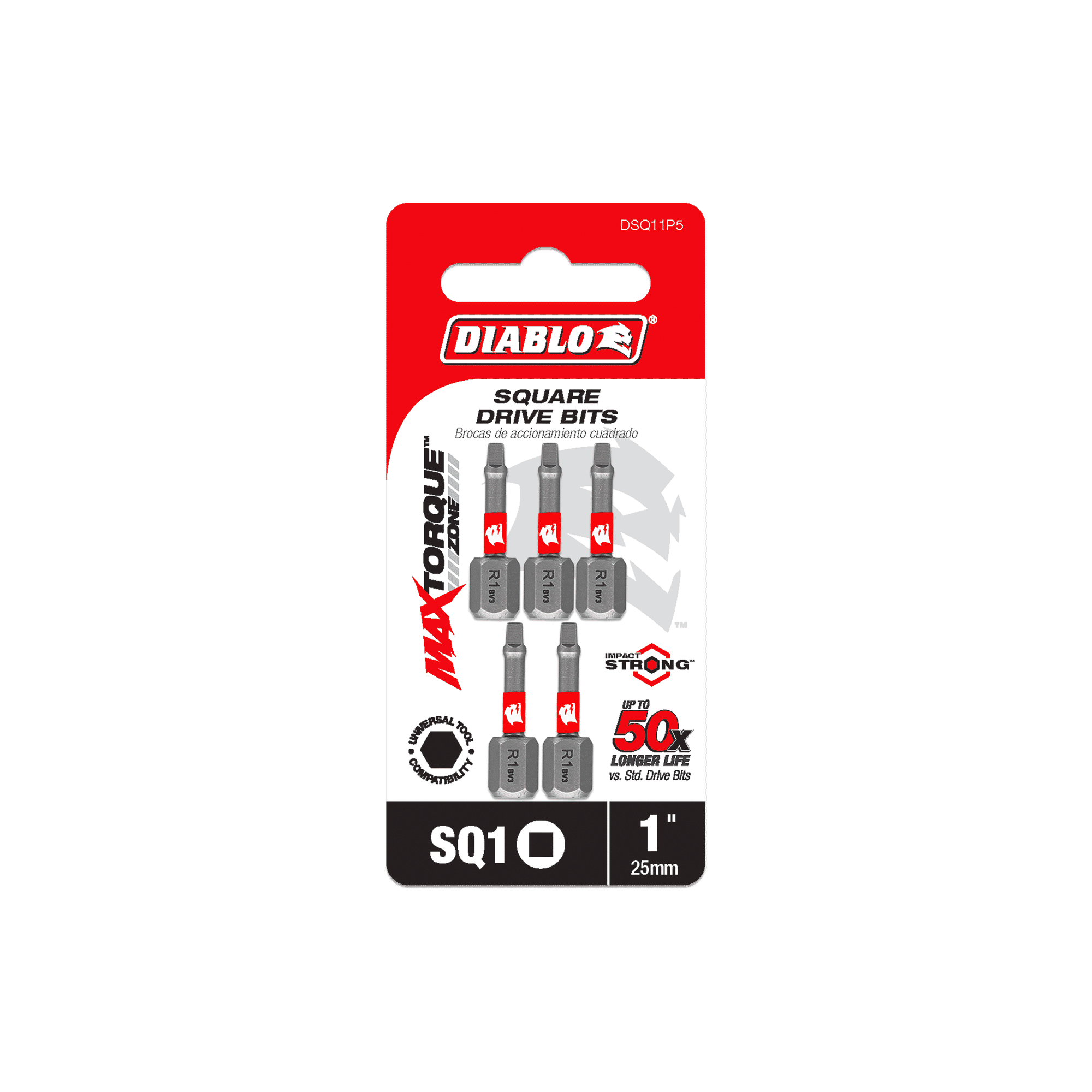 The DIABLO DSQ11P5 pack includes five 1-inch #1 square drive bits featuring MAXTORQUE and STRONGER labels, with Impact Strong™ technology and Torque Resistant Design for enhanced durability. Packaging sports red, black, and white branding.