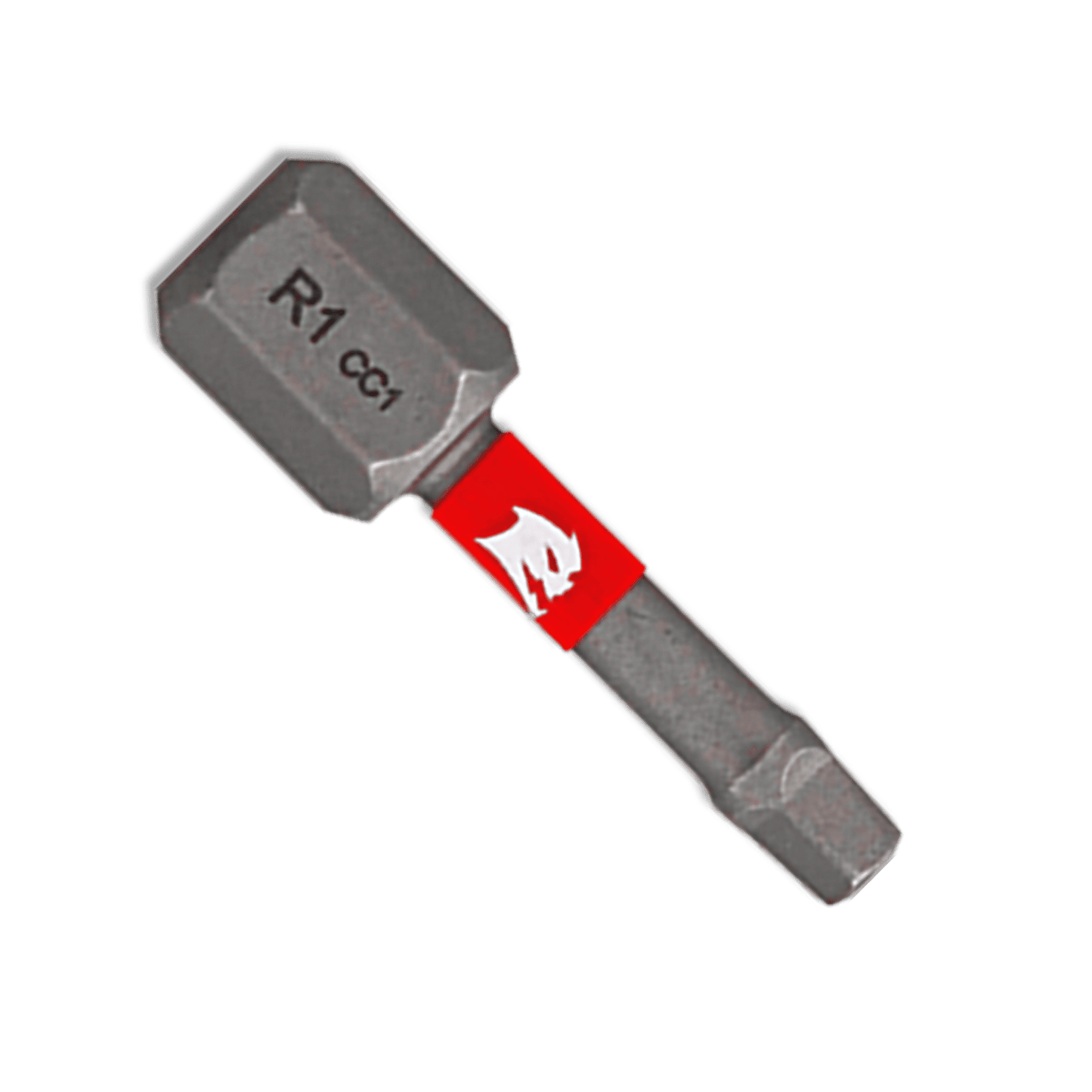 The Diablo DIABLO DSQ11P5 features a metallic screwdriver bit in a hexagonal shape with a red band and white logo, labeled R1 cc1. Its Impact Strong™ design ensures durability and reliability, isolated on a white background. Comes as a 1 in. #1 Square Drive Bit in a 5-Pack.