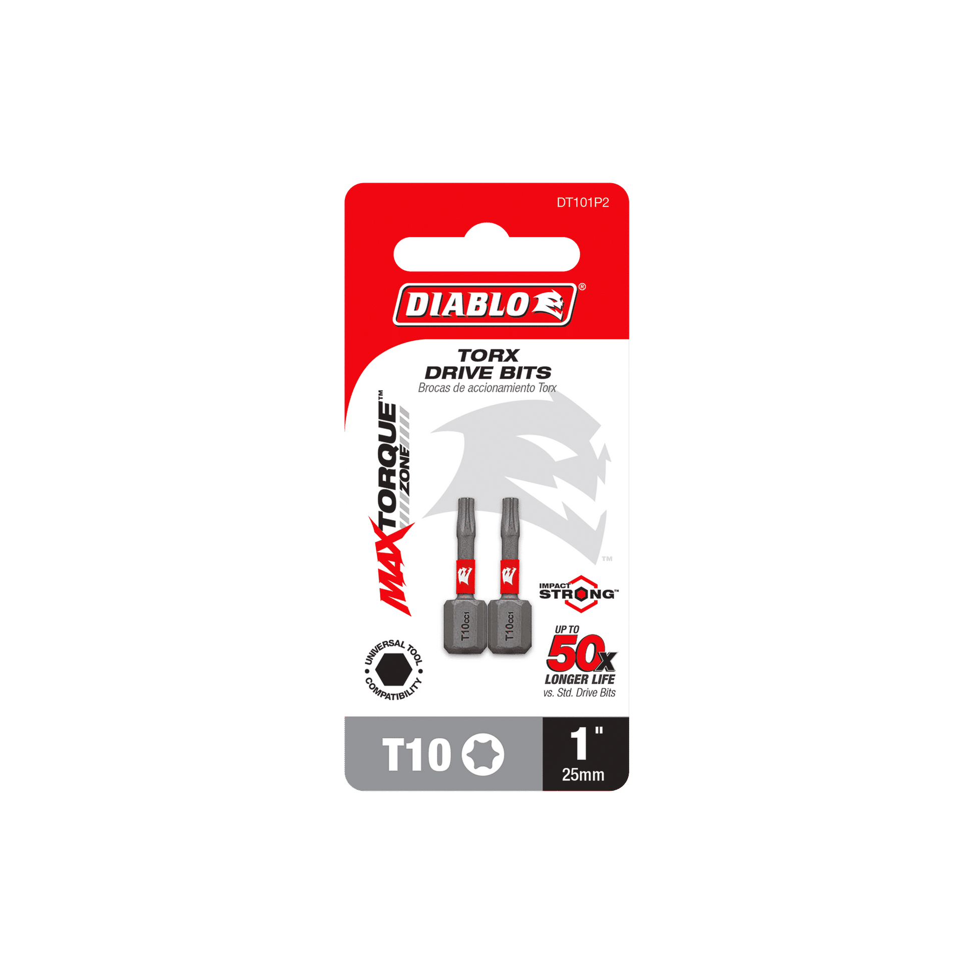 The packaging of Diablo DT101P2 1 in. #10 Torx Drive Bits (2-Pack) features two durable T10 Impact Strong™ bits, emphasizing a MaxTorque Zone for optimal torque transfer and a 50x longer lifespan, with the Diablo brand logo prominently displayed on top.