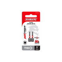 The packaging of Diablo DT101P2 1 in. #10 Torx Drive Bits (2-Pack) features two durable T10 Impact Strong™ bits, emphasizing a MaxTorque Zone for optimal torque transfer and a 50x longer lifespan, with the Diablo brand logo prominently displayed on top.