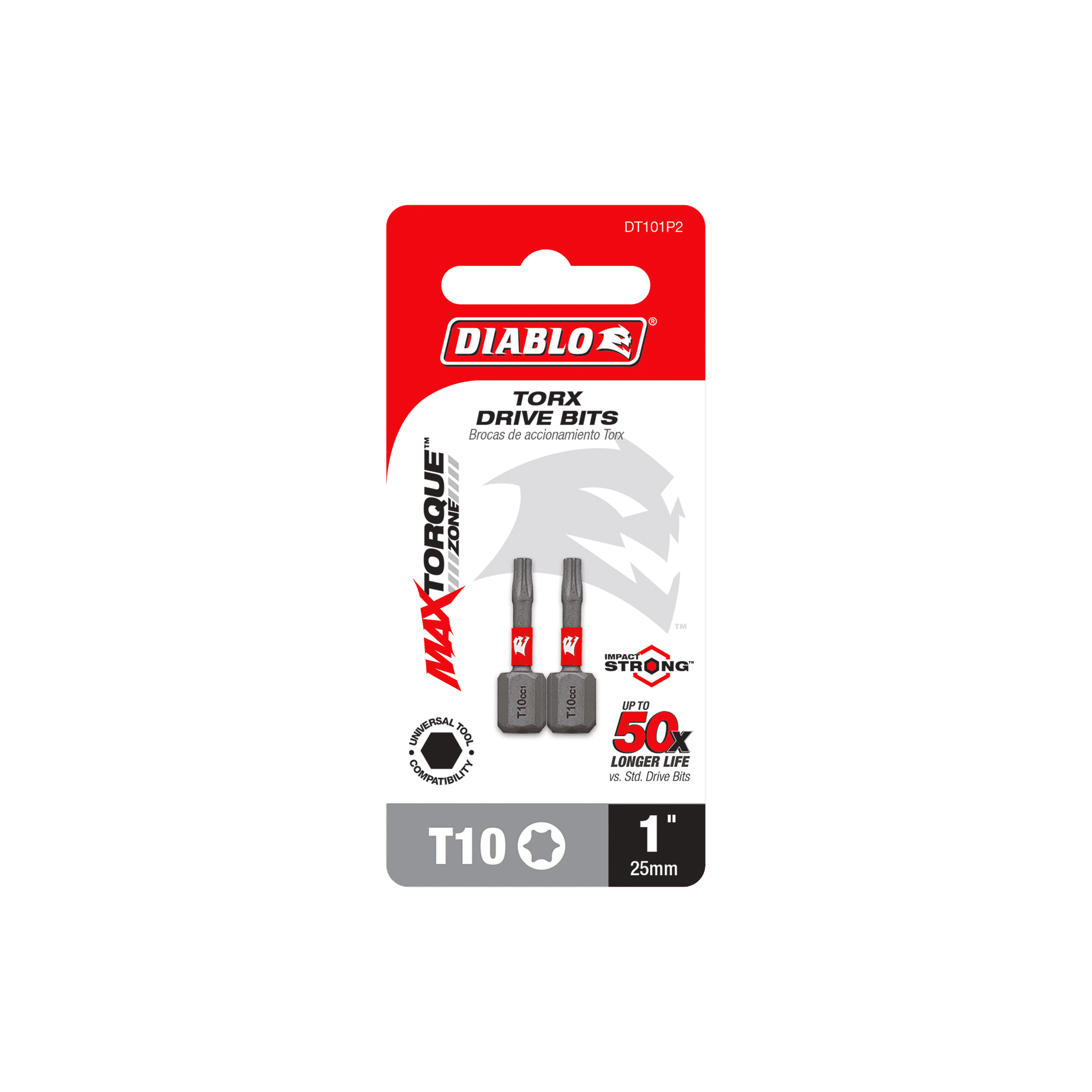 The packaging of Diablo DT101P2 1 in. #10 Torx Drive Bits (2-Pack) features two durable T10 Impact Strong™ bits, emphasizing a MaxTorque Zone for optimal torque transfer and a 50x longer lifespan, with the Diablo brand logo prominently displayed on top.