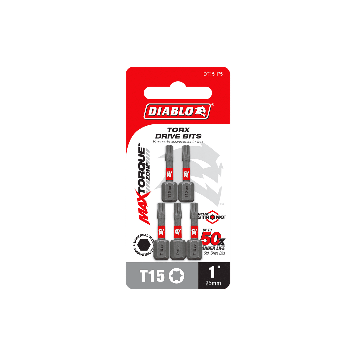 The DIABLO DT151P5 packaging highlights its Impact Strong™ MaxTorque Zone design, branding, and product details. It comes in red and black with five 1-inch #15 Torx drive bits.