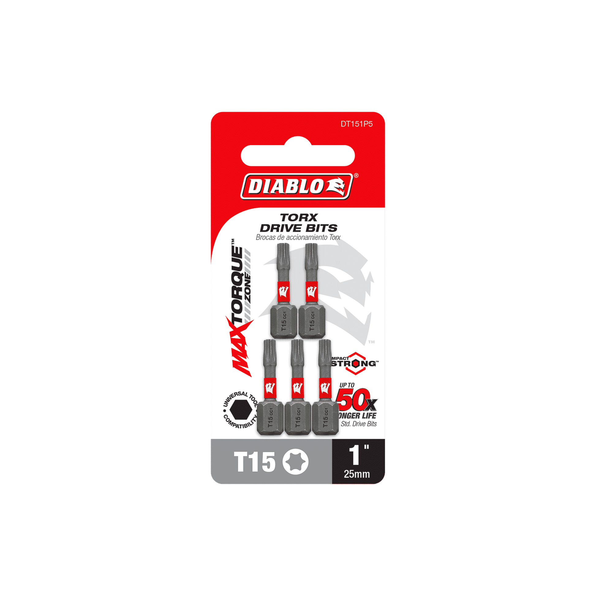 The DIABLO DT151P5 packaging highlights its Impact Strong™ MaxTorque Zone design, branding, and product details. It comes in red and black with five 1-inch #15 Torx drive bits.