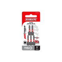 The DIABLO DT151P5 packaging highlights its Impact Strong™ MaxTorque Zone design, branding, and product details. It comes in red and black with five 1-inch #15 Torx drive bits.