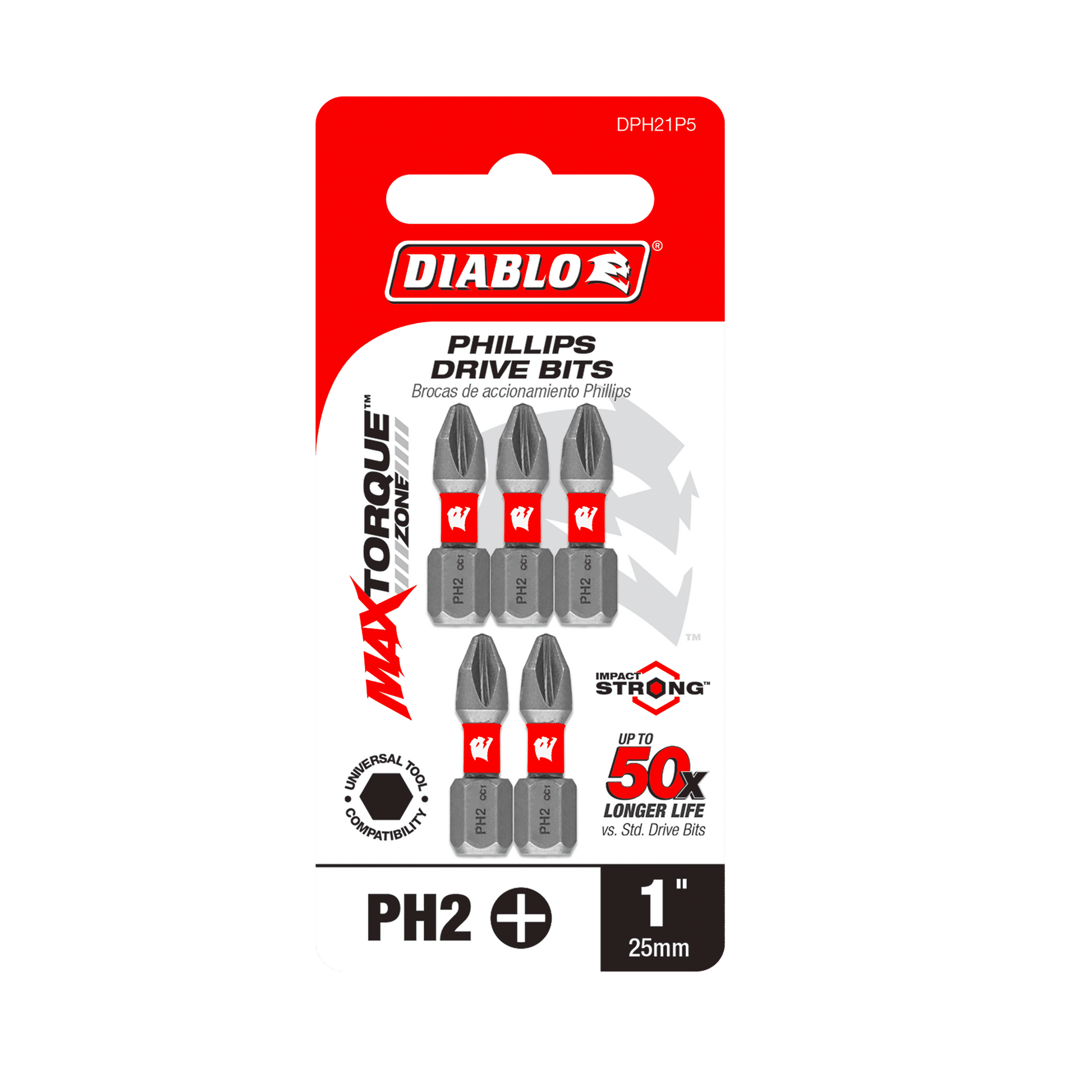 The DIABLO DPH21P5 1 in. #2 Phillips Drive Bits 5-Pack features MaxTorque technology and an Impact Strong™ design. Each of the five gray PH2 bits has a red Diablo logo and lasts up to 50x longer than standard bits.