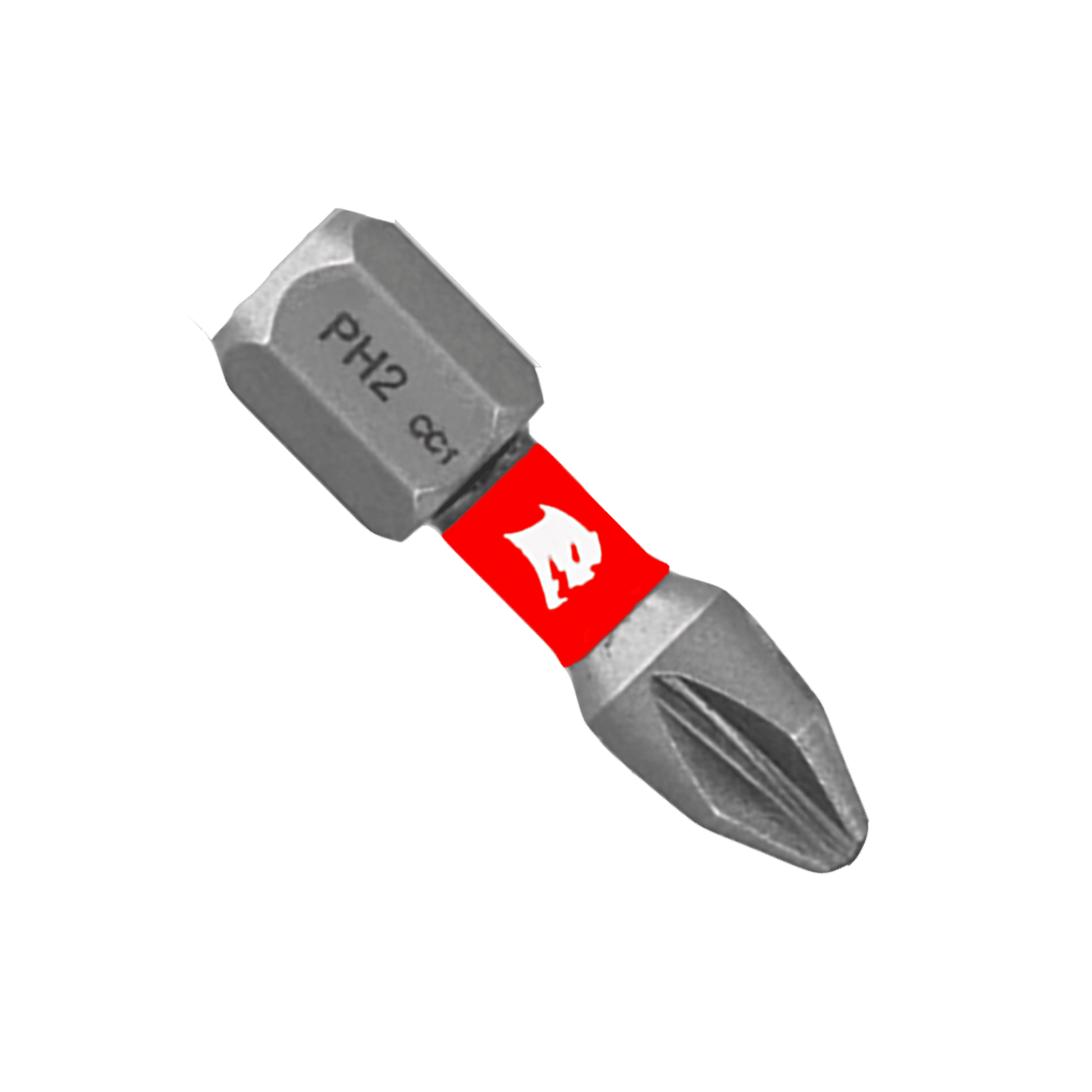 The DIABLO DPH21P5 1 in. #2 Phillips Drive Bit from Diablo has a grooved tip for driving screws with MaxTorque Zone, featuring a red band with a white logo near the base, enhancing its distinctive design.