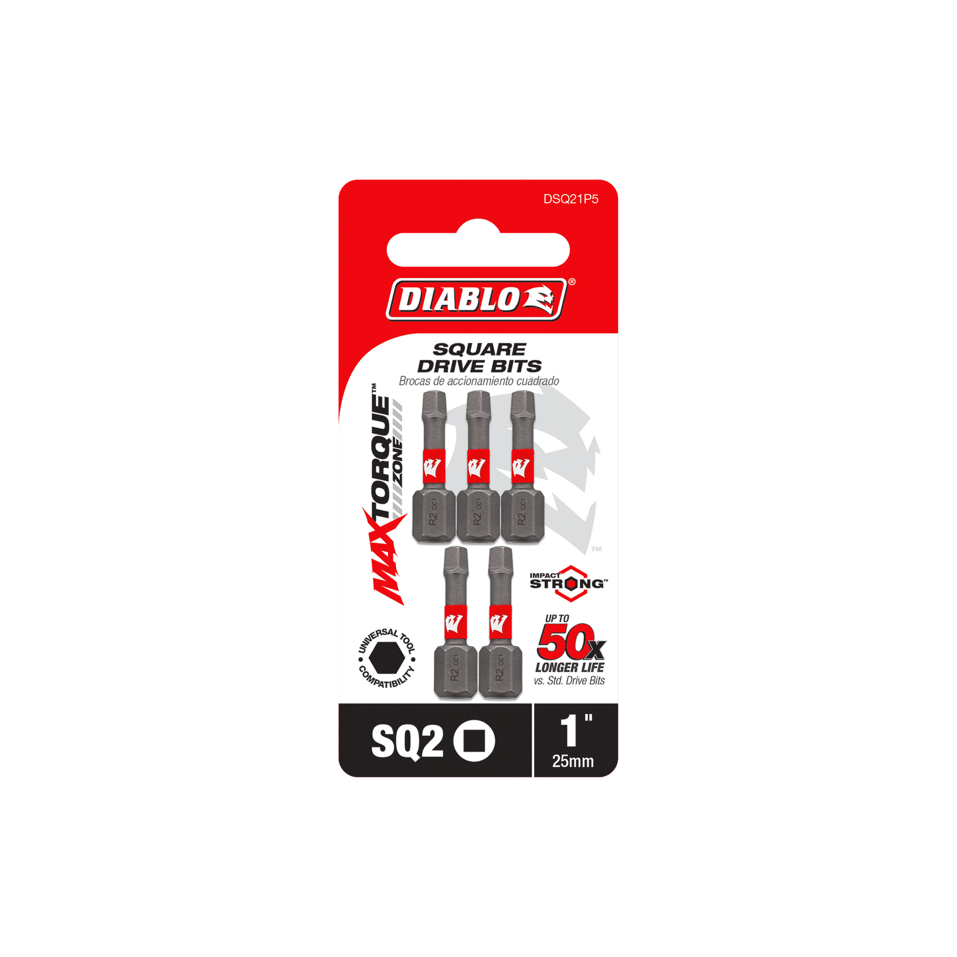 The DIABLO DSQ21P5 pack features five 1-inch #2 Square Drive Bits, highlighted in red and white bilingual packaging that emphasizes their Impact Strong™ and Torque Resistant Design for durability, boasting a 50x longer life.