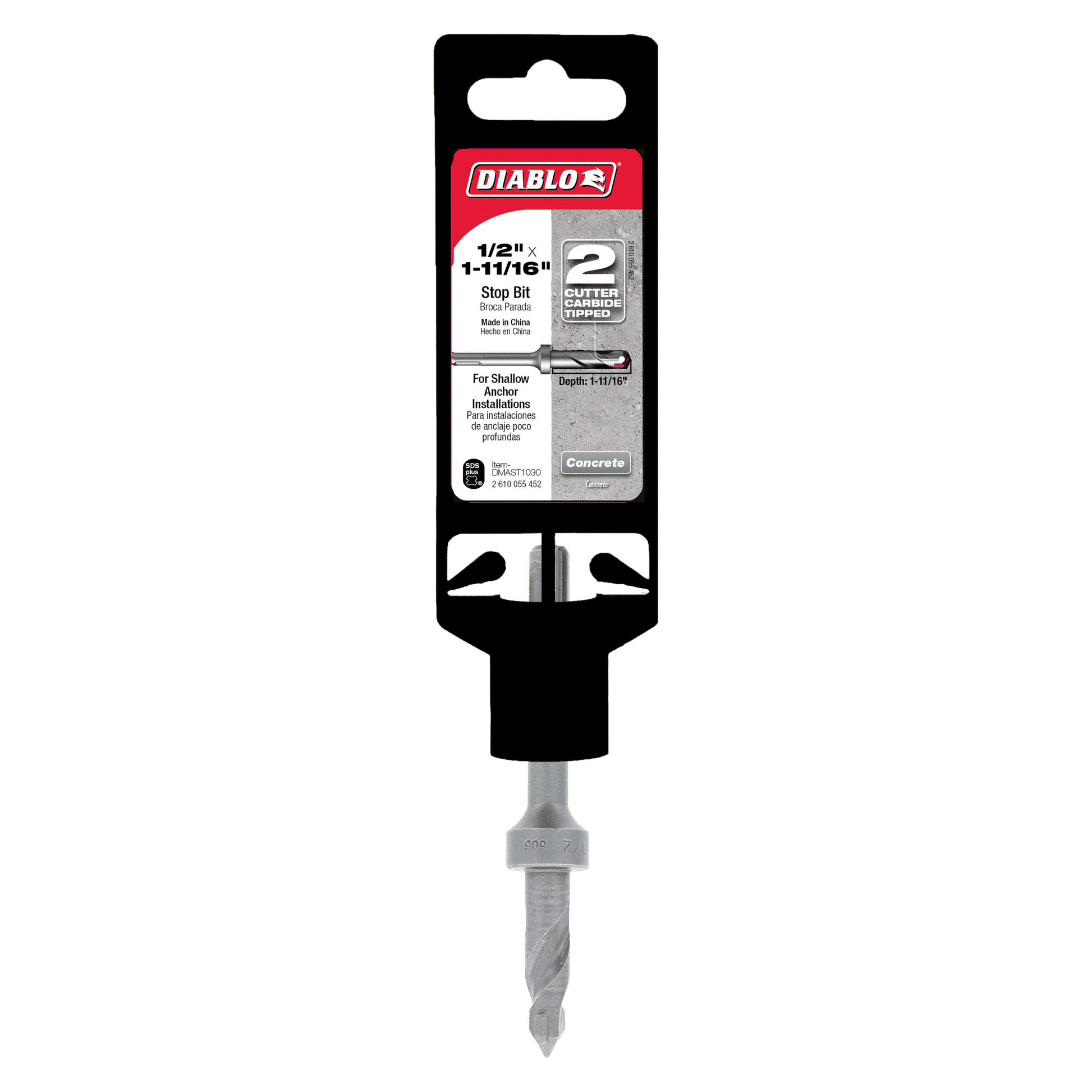 The Diablo DMAST1030 1/2 in. x 1-11/16 in. SDS-Plus 2-Cutter Carbide-Tipped Stop Bit packaging highlights its two cutting edges and depth features. Ideal for shallow anchor installations, this bit with a spiral design complements carbide-tipped hammer bits and is attached to a black holder.