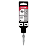 The Diablo DMAST1030 1/2 in. x 1-11/16 in. SDS-Plus 2-Cutter Carbide-Tipped Stop Bit packaging highlights its two cutting edges and depth features. Ideal for shallow anchor installations, this bit with a spiral design complements carbide-tipped hammer bits and is attached to a black holder.