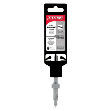 The Diablo DMAST1030 1/2 in. x 1-11/16 in. SDS-Plus 2-Cutter Carbide-Tipped Stop Bit packaging highlights its two cutting edges and depth features. Ideal for shallow anchor installations, this bit with a spiral design complements carbide-tipped hammer bits and is attached to a black holder.