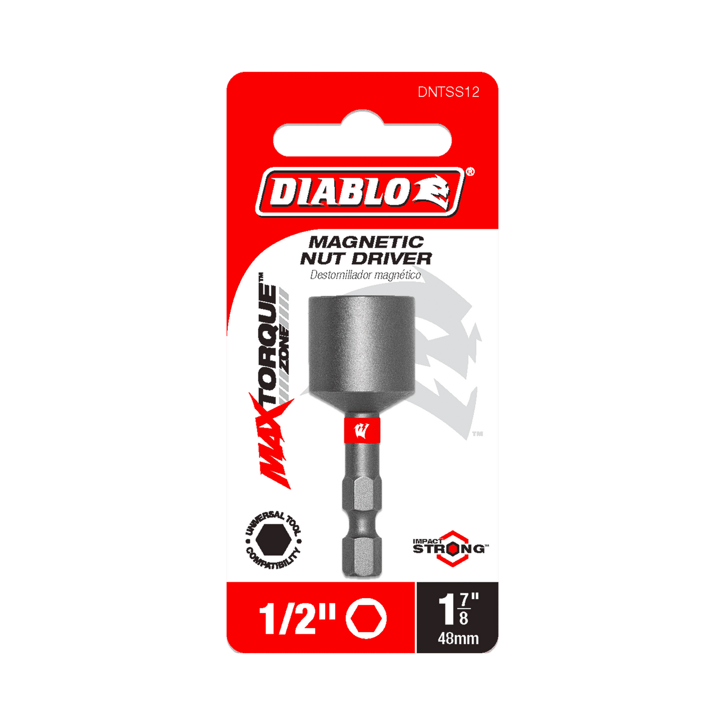 The DIABLO DNTSS12 1/2 in. x 1-7/8 in. magnetic nut driver features an impact-resistant MAXTORQUE design for enhanced durability, with English and Spanish text on red, white, and gray packaging.