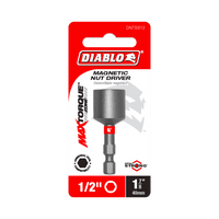 The DIABLO DNTSS12 1/2 in. x 1-7/8 in. magnetic nut driver features an impact-resistant MAXTORQUE design for enhanced durability, with English and Spanish text on red, white, and gray packaging.