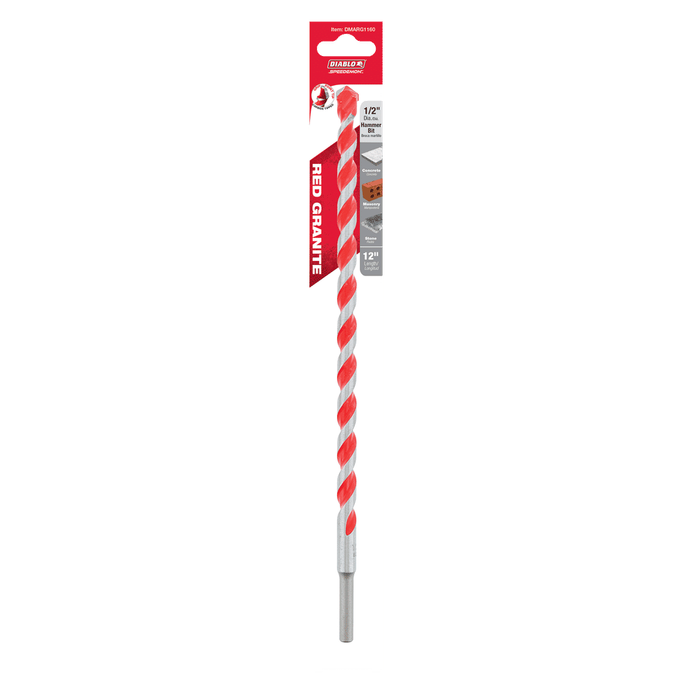 Meet the DIABLO DMARG1160 SPEEDemon™ 1/2 in. Red Granite drill bit, ideal for brick, block, and concrete. Featuring a robust carbide tip and red-silver spiral design, its perfect for hammer drills and offers unmatched drilling efficiency.