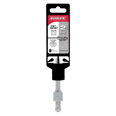 The Diablo DMAST1020 1/2 in. x 13/16 in. SDS-Plus 2-Cutter Carbide-Tipped Hammer Stop Bit, featuring striking black and red packaging, is ideal for concrete use with SDS-Plus rotary hammers for efficient shallow anchor installations and is displayed on a crisp white background.