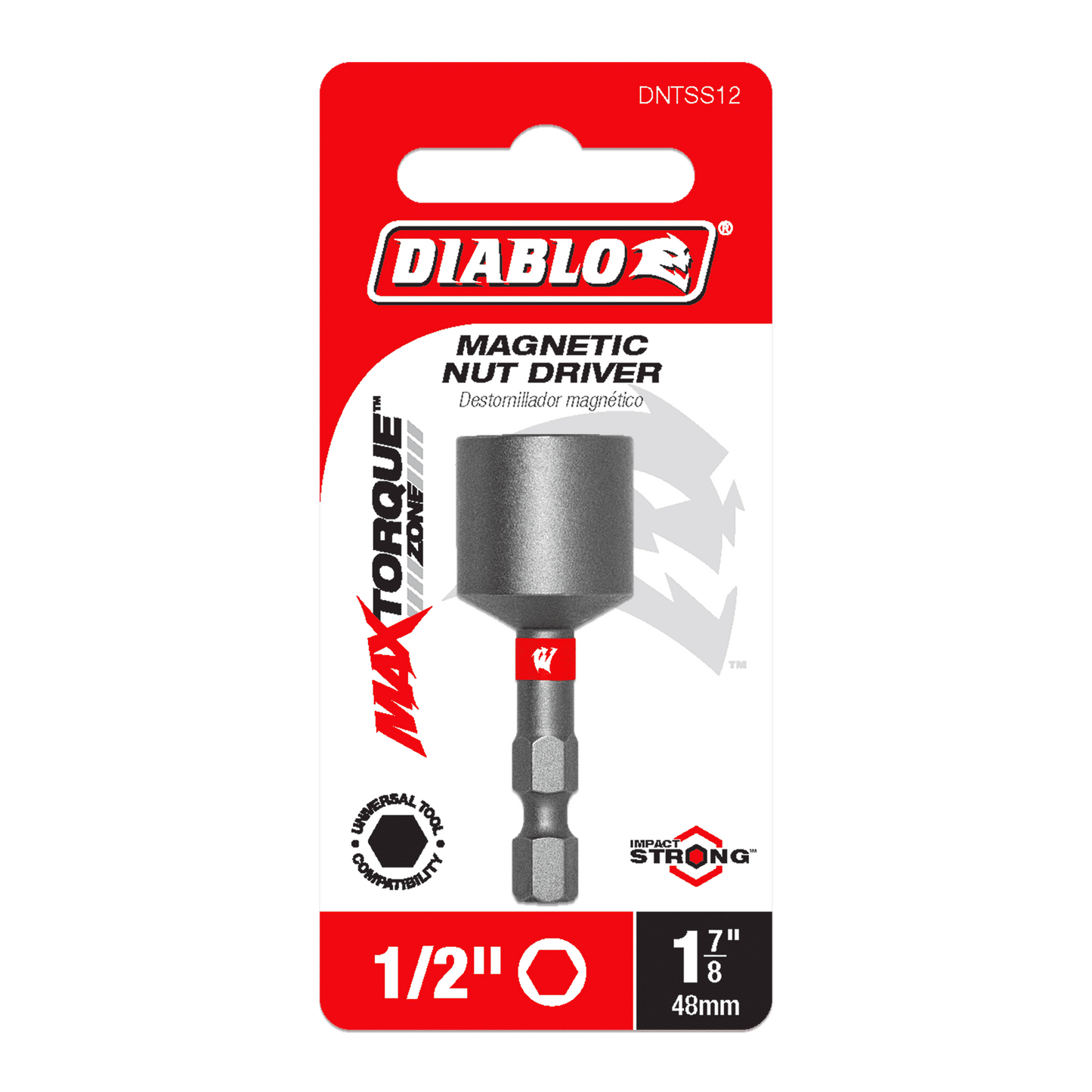 The Diablo packaging displays the DIABLO DNTSL12 1/2 in. x 2-9/16 in. Magnetic Nut Driver, highlighting its Impact Strong™ design, Max Torque Zone, and Universal Tool compatibility with sleek branding elements.