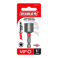 The Diablo packaging displays the DIABLO DNTSL12 1/2 in. x 2-9/16 in. Magnetic Nut Driver, highlighting its Impact Strong™ design, Max Torque Zone, and Universal Tool compatibility with sleek branding elements.