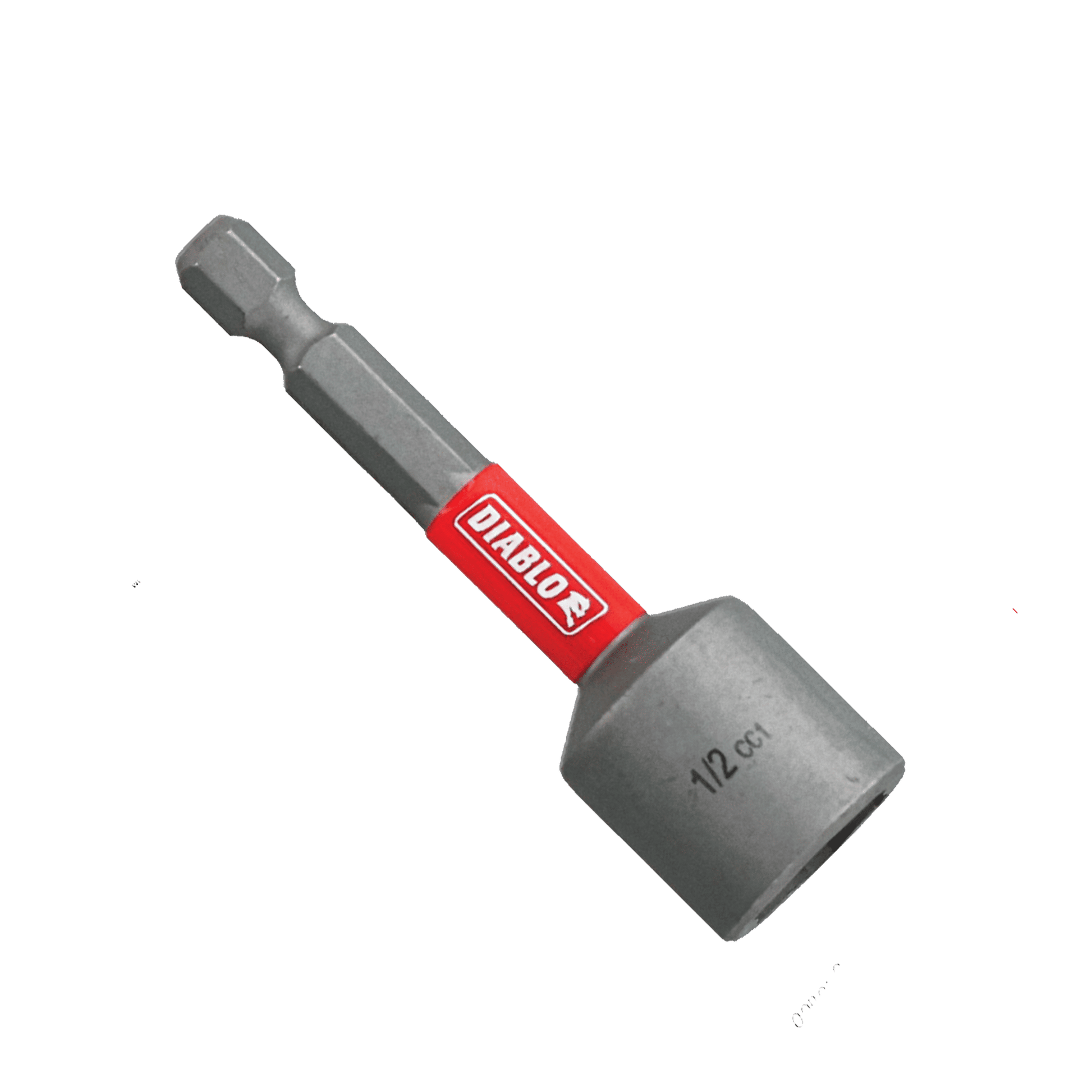 The DIABLO DNTSL12 1/2 in. x 2-9/16 in. Magnetic Nut Driver is shown with a hex shank and cylindrical end, featuring Impact Strong™ technology. A red label on the shank displays DIABLO, while 1/2 is marked on the end, all against a plain backdrop.