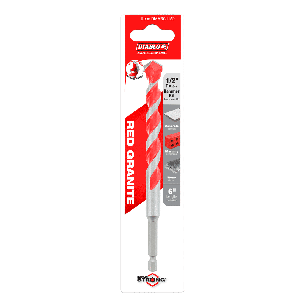 The Diablo DMARG1150 1/2 in. x 4 in. x 6 in. SPEEDemon™ Red Granite Carbide-Tipped Hammer Drill Bit is designed for concrete and masonry drilling, featuring a red color with white markings and a durable carbide tip, highlighted by the distinctive Diablo logo and RED GRANITE text.