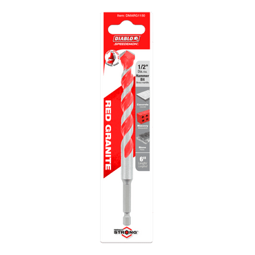 The Diablo DMARG1150 1/2 in. x 4 in. x 6 in. SPEEDemon™ Red Granite Carbide-Tipped Hammer Drill Bit is designed for concrete and masonry drilling, featuring a red color with white markings and a durable carbide tip, highlighted by the distinctive Diablo logo and RED GRANITE text.