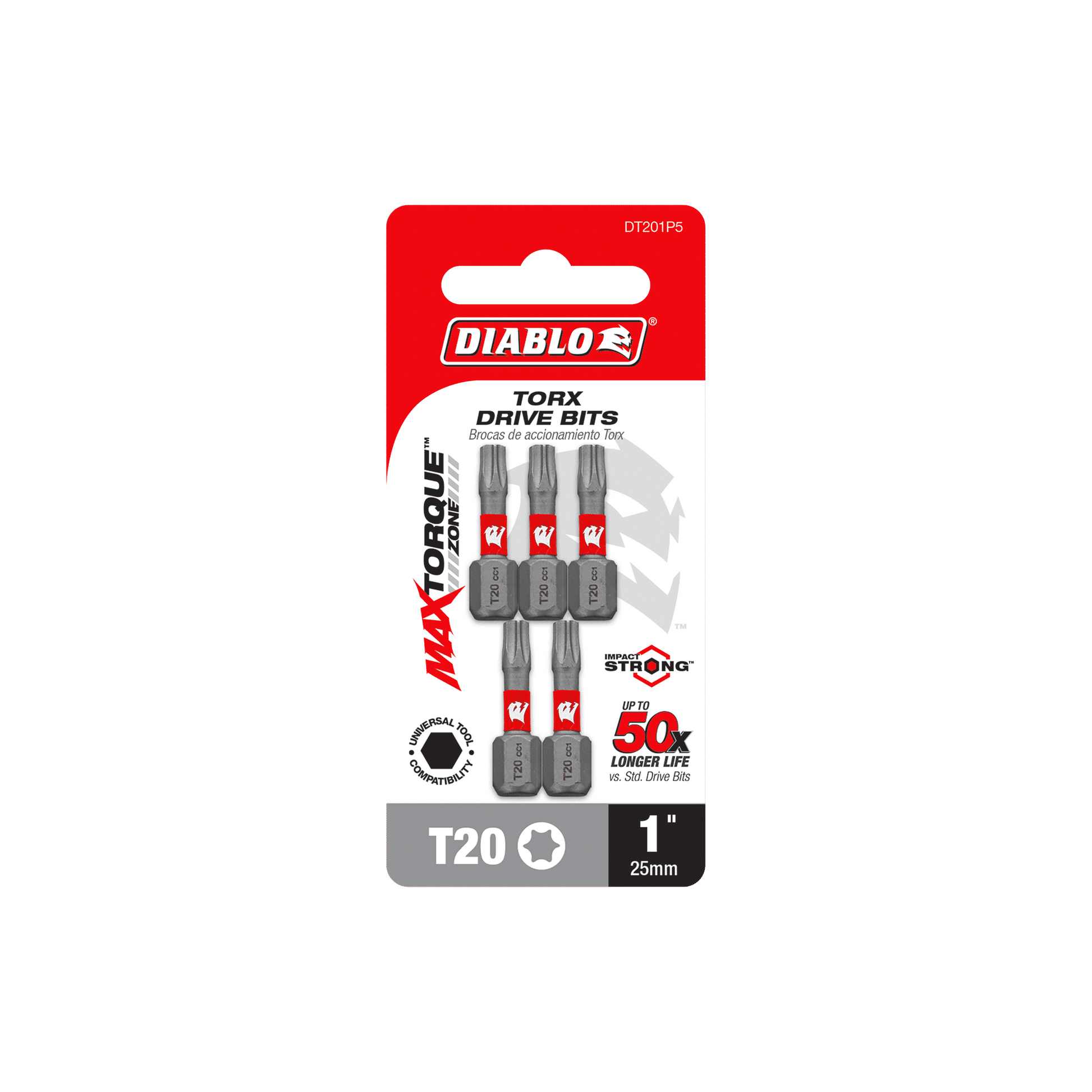 The DIABLO DT201P5 1 in. #20 Torx Drive Bits (5-Pack) packaging displays five bits through a clear section, designed for durability with red branding, MaxTorque Zone for extended life, and Impact Strong™ features.