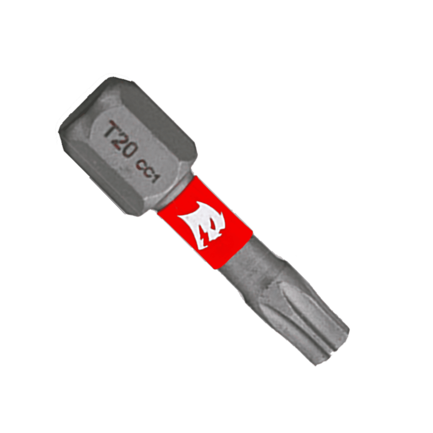 Close-up of a Diablo Impact Strong™ DT201P5 T20 Torx bit featuring a red band and white logo. This gray, hexagonal-based bit has a star-shaped tip for Torx screws, offering durability and precision with its MaxTorque Zone technology. Available in a 5-pack.