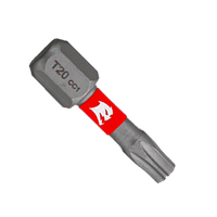 Close-up of a Diablo Impact Strong™ DT201P5 T20 Torx bit featuring a red band and white logo. This gray, hexagonal-based bit has a star-shaped tip for Torx screws, offering durability and precision with its MaxTorque Zone technology. Available in a 5-pack.