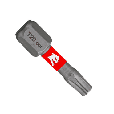 Close-up of a Diablo Impact Strong™ DT201P5 T20 Torx bit featuring a red band and white logo. This gray, hexagonal-based bit has a star-shaped tip for Torx screws, offering durability and precision with its MaxTorque Zone technology. Available in a 5-pack.