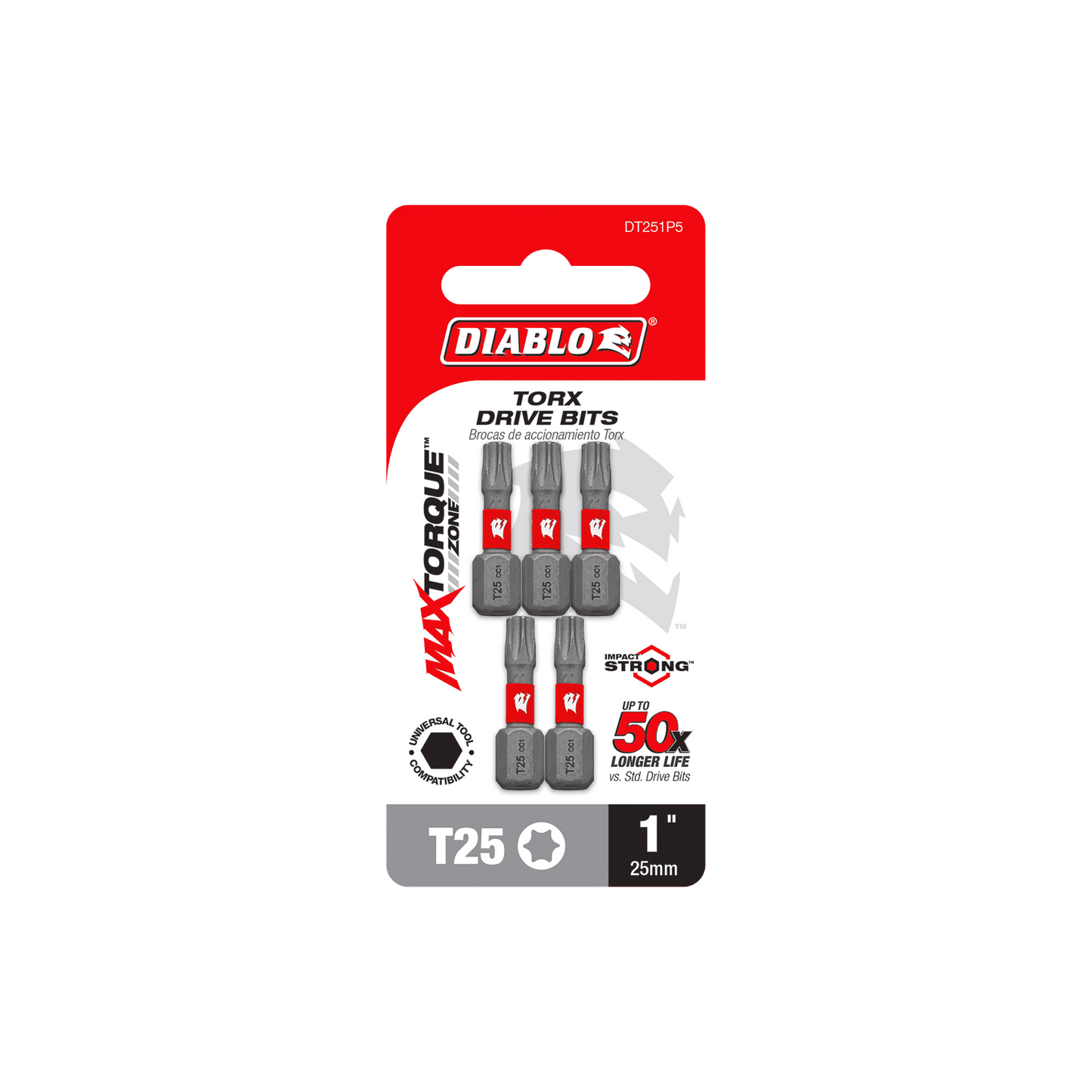 The DIABLO DT251P5 1 in. #25 Torx Drive Bits (5-Pack) by Diablo come in a red and black blister pack. They feature Impact Strong™ technology, MaxTorque Zone for a secure fit, and boast a 50x longer life.