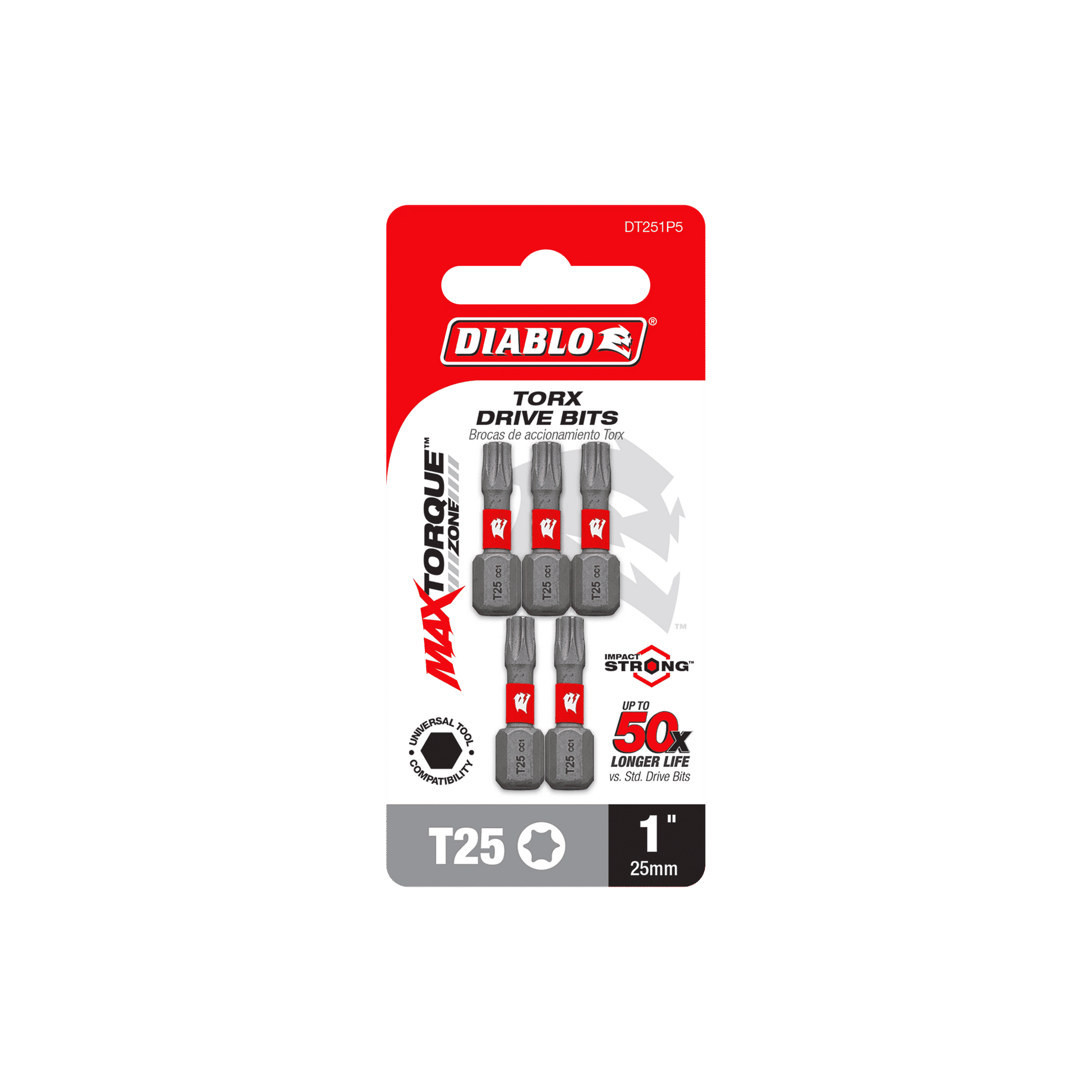 The DIABLO DT251P5 1 in. #25 Torx Drive Bits (5-Pack) by Diablo come in a red and black blister pack. They feature Impact Strong™ technology, MaxTorque Zone for a secure fit, and boast a 50x longer life.